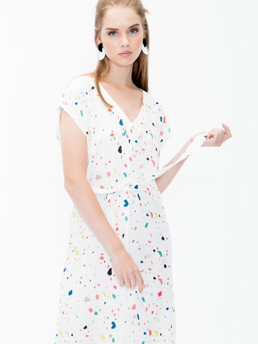 Vilagallo White Terrazzo-Print V-Neck Midi Dress with Self-Tie